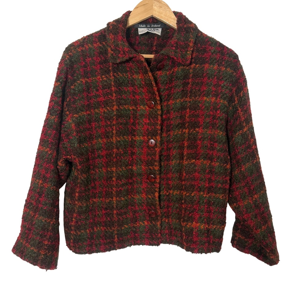 Kiko Cardigan Jacket Womens S/M Red Plaid Excellent Made in Ireland Wool Blend